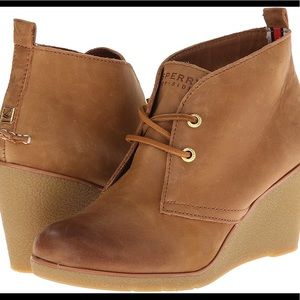 Womens Sperry Top-Sider Harlow Shoes Cognac Leather Ankle Wedge Boot Size 8.5